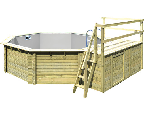 Piscine hors sol ensemble de piscine en bois Karibu Variante C octogonale Ø 428x124 cm avec liner gris et échelle avec plateforme