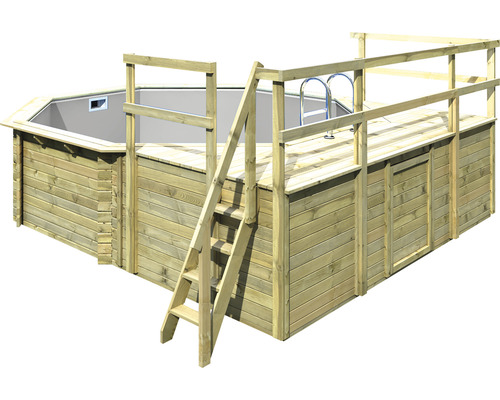 Piscine hors sol ensemble de piscine en bois Karibu Variante D octogonale Ø 428x124 cm avec liner gris et échelle avec plateforme