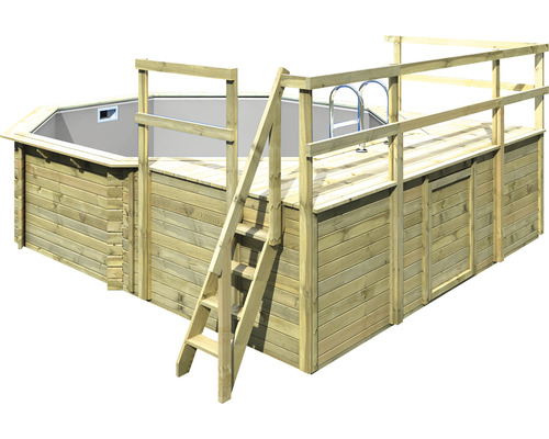 Aufstellpool Holzpool-Set Karibu Variante D achteckig Ø 428x124 cm inkl. Innenauskleidung grau & Leiter mit Plattform