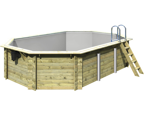 Piscine hors sol ensemble de piscine en bois Karibu Variante A octogonale 358x569x124 cm avec liner gris et échelle