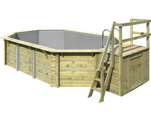 Piscine hors sol ensemble de piscine en bois Karibu Variante B octogonale 358x569x124 cm avec liner gris et échelle avec plateforme