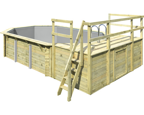 Aufstellpool Holzpool-Set Karibu Variante D rechteckig 358x569x124 cm inkl. Innenauskleidung grau & Leiter mit Plattform