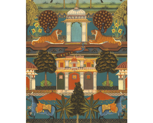 Papier peint intissé 746211 Indian Style maisons multicolore Décor à motifs avec des tigres, des chevaux et des bâtiments