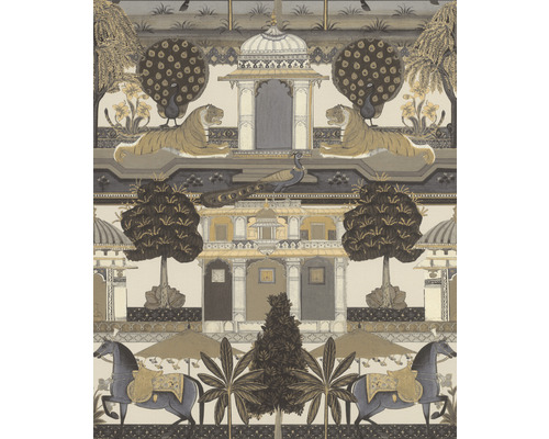 Papier peint intissé 746228 Indian Style maisons beige Papier peint avec motifs de tigres, paons, chevaux et bâtiments de style oriental