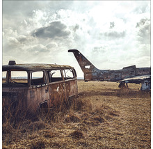 Bus et avion abandonnés dans un champ