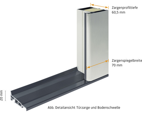 Detailansicht von Türzarge und Bodenschwelle mit Maßangaben