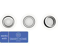 Drei runde Einbaustrahler und Smart Home by Hornbach Logo