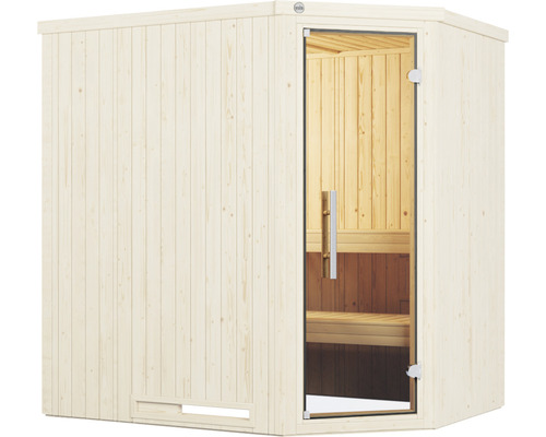 Ecksauna mit Glastür und Holzverkleidung