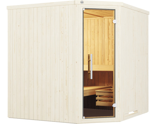 Sauna aus Holz mit Glastür