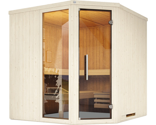 Ecksauna mit Glastür und Holzverkleidung