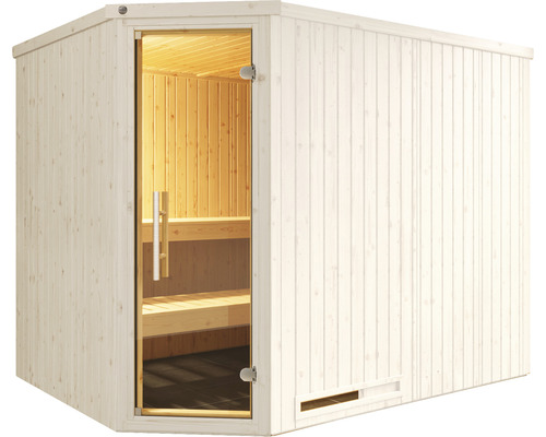 Ecksauna mit Glastür und Holzbänken