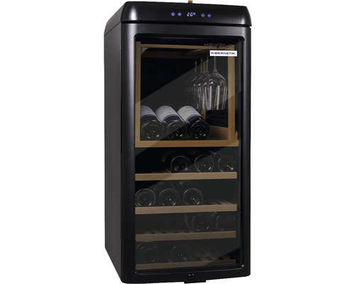 Weinkühlschrank mit Glasfront, Holzregalen und Weinflaschen