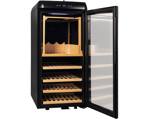 Weinlagerschrank mit Holzeinlegeböden und offener Glastür
