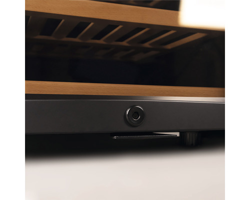 Detailansicht eines Weinkühlschranks mit Holzelementen und Metalleinfassung