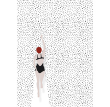 Illustration einer Schwimmerin mit rotem Haar und schwarzem Badeanzug vor einem Hintergrund mit Punktmuster.