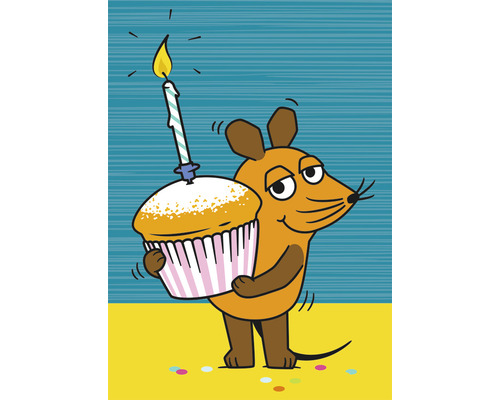 Illustration einer Maus, die einen Muffin mit einer brennenden Kerze trägt.