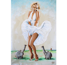Gemälde von Marilyn Monroe mit wehendem Kleid und Elefanten