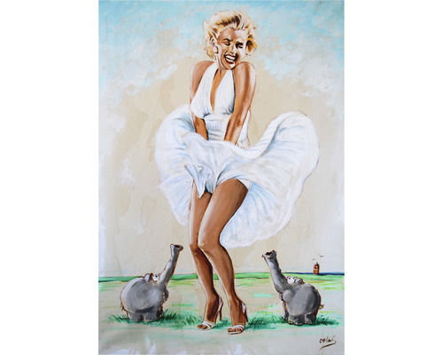 Gemälde von Marilyn Monroe mit wehendem Kleid und Elefanten