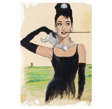 Illustration einer Frau mit schwarzen Handschuhen, Halskette und Zigarettenspitze