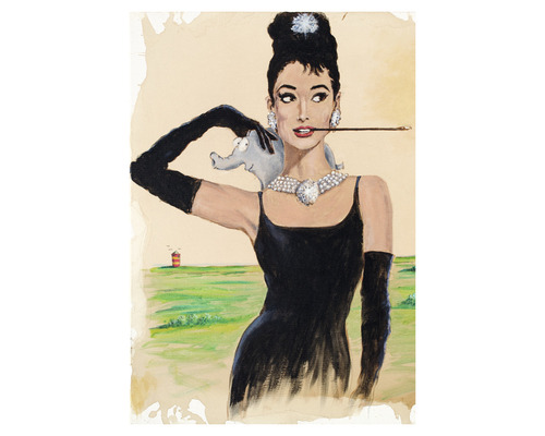 Illustration einer Frau mit schwarzen Handschuhen, Halskette und Zigarettenspitze