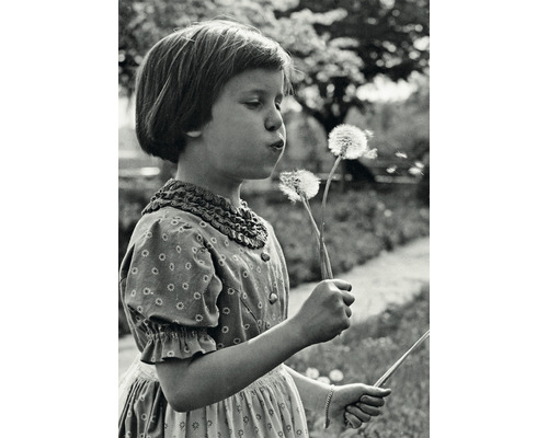 Fille soufflant sur des pissenlits dans le jardin
