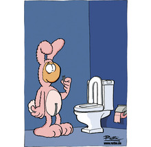 Cartoon-Szene mit einem pinkfarbenen Hasen, der in einem Badezimmer einen Toilettensitz betrachtet