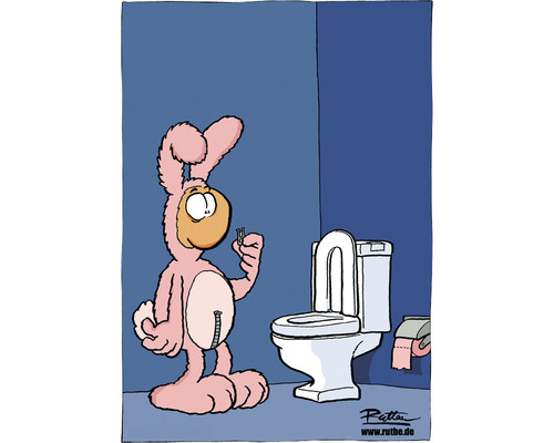 Cartoon-Szene mit einem pinkfarbenen Hasen, der in einem Badezimmer einen Toilettensitz betrachtet