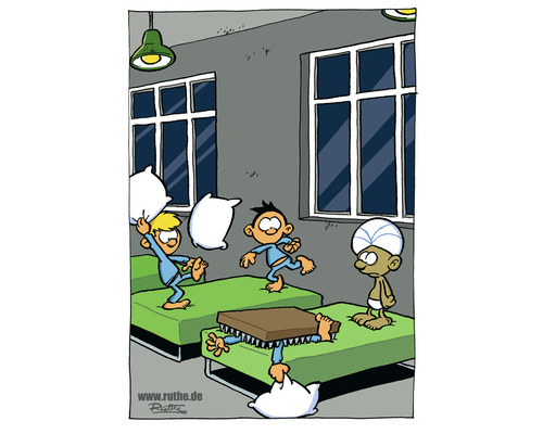 Illustration de dessin animé d''enfants se livrant à une bataille d''oreillers dans un dortoir