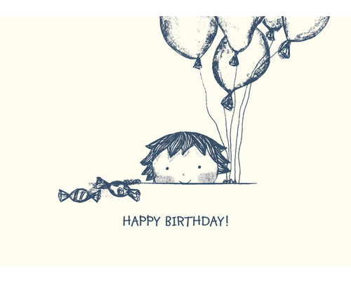Illustration einer Geburtstagskarte mit Luftballons, Kind und Süßigkeiten