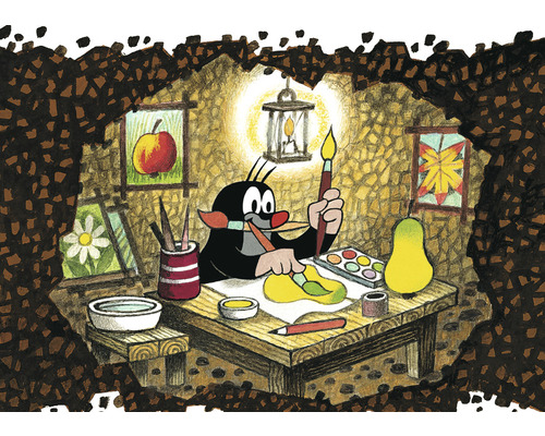 Illustration vom kleinen Maulwurf beim Malen in seinem Bau