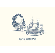 Illustration einer Geburtstagsgrußkarte mit Mädchen, Stofftier und Kuchen