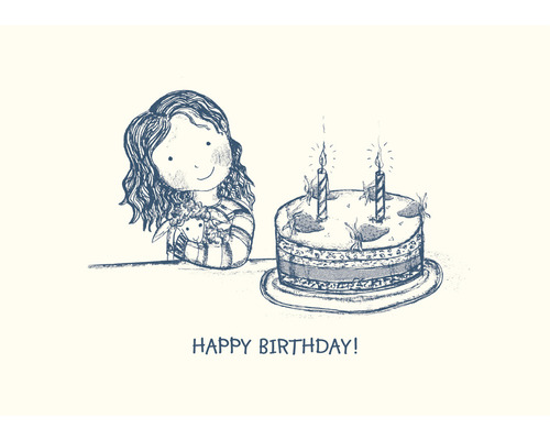 Illustration einer Geburtstagsgrußkarte mit Mädchen, Stofftier und Kuchen