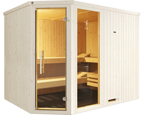 Sauna avec porte en verre et bancs en bois