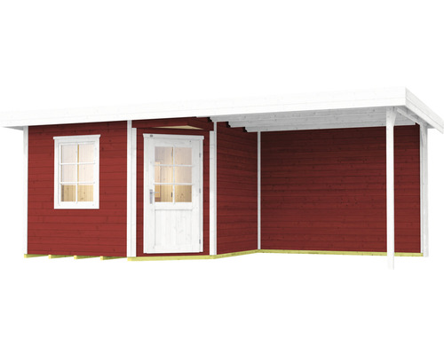 Holzgartenhaus mit Fenster, Tür und überdachter Terrasse