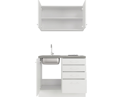 Küchenzeile mit Spüle, Wasserhahn, Schubladen und Hängeschrank