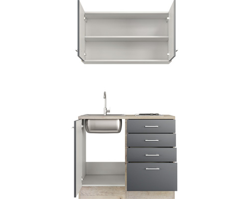 Spülenunterschrank mit Edelstahlspüle, Armatur, vier Schubladen und einem Hängeschrank mit zwei Regalböden