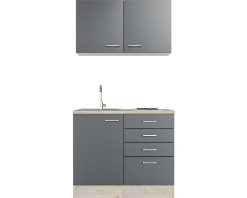 Kompakte Küchenzeile mit Spüle, Schubladen und Hängeschränken