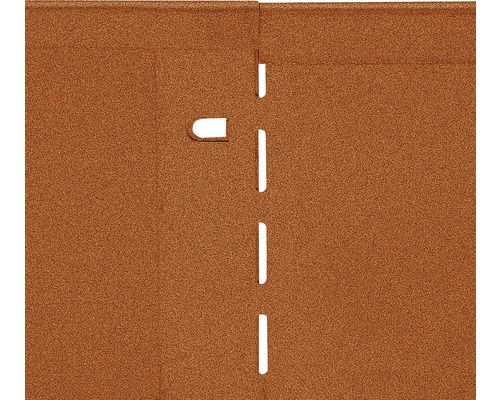 Detailansicht einer Rost-Stahlplatte mit Aussparungen zur Verbindung.