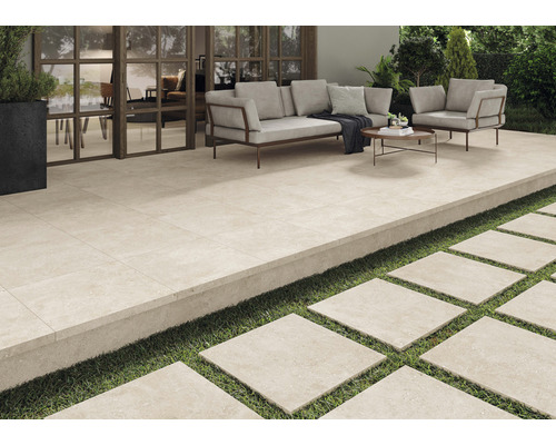 Dalle de terrasse en grès cérame fin Rock beige bord rectifié 60x60x2 cm