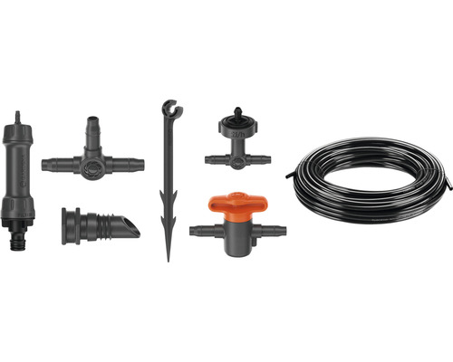 Système Gardena Micro-Drip avec filtre, raccord en T, réducteur de pression, piquet de maintien, goutteur et tuyau