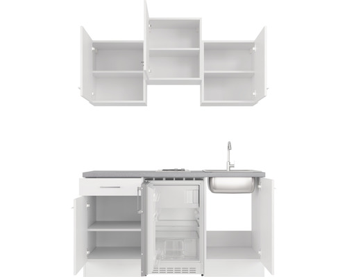 Weisse Aussenküche mit Spülbecken, Kühlschrank und Stauraum