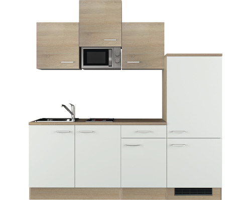 Küchenzeile mit Spüle, Kochfeld, Mikrowelle und Schränken