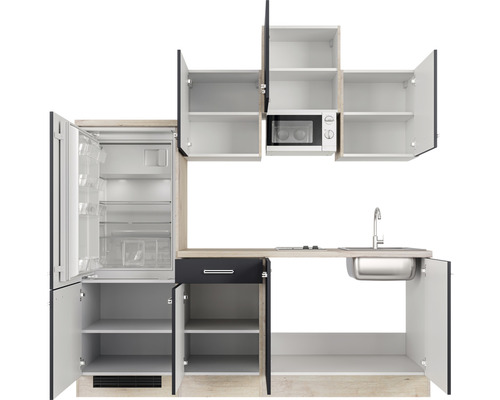 Cuisine équipée avec réfrigérateur, micro-ondes, évier et placards ouverts.