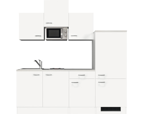 Cuisine blanche avec évier, cuisinière et micro-ondes