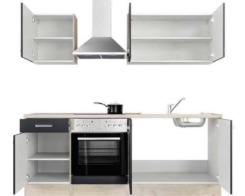Küchenzeile mit Spüle, Herd, Backofen, Dunstabzugshaube und Hängeschränken