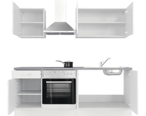 Cuisine équipée avec armoires, évier, cuisinière, four et hotte aspirante