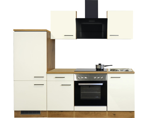 Cuisine équipée avec meubles hauts, évier, cuisinière, four et hotte aspirante