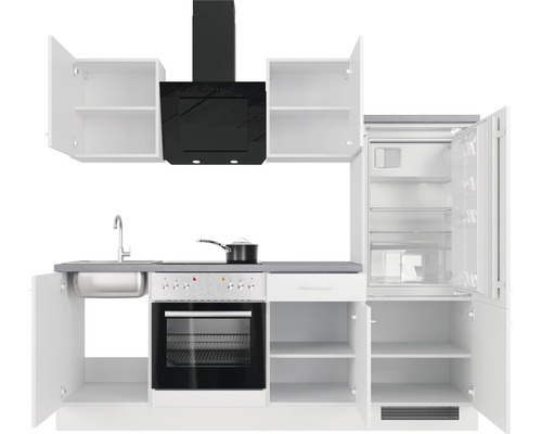 Cuisine équipée avec évier, cuisinière, hotte et réfrigérateur