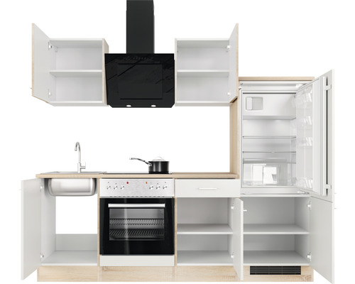 Cuisine complète avec évier, plaque de cuisson, four, hotte aspirante, réfrigérateur et armoires