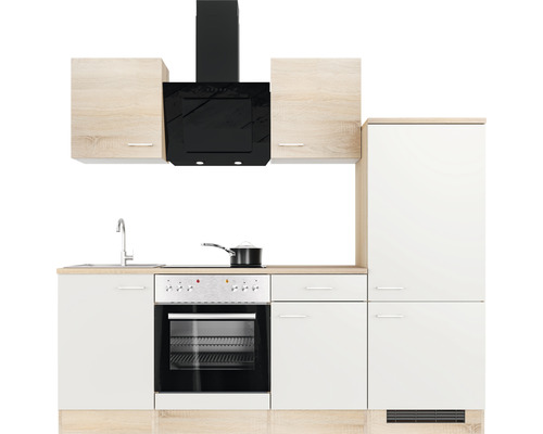 Cuisine complète avec évier, cuisinière, hotte aspirante et armoires